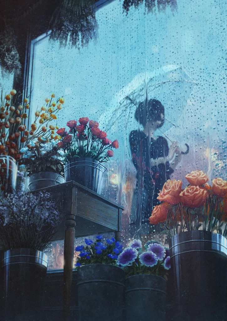 Rainy Window Flowers Blue Purple Orange