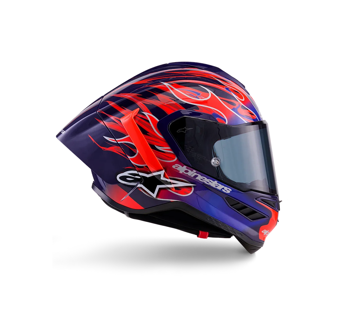 Red and blue flames Alpinestars motorcycle helmet design