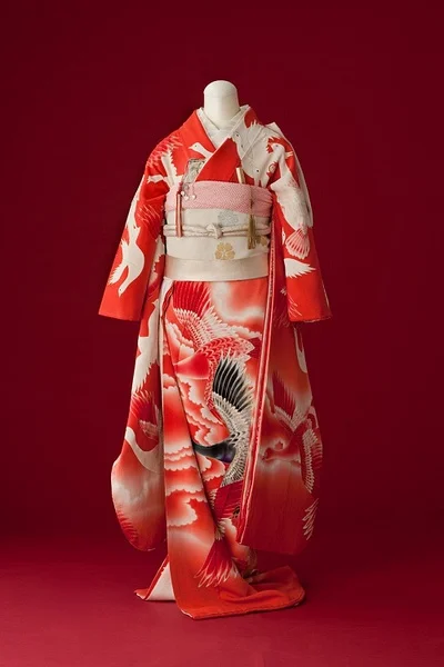 Red Crane Kimono Silk Bird Elegant Ceremonial