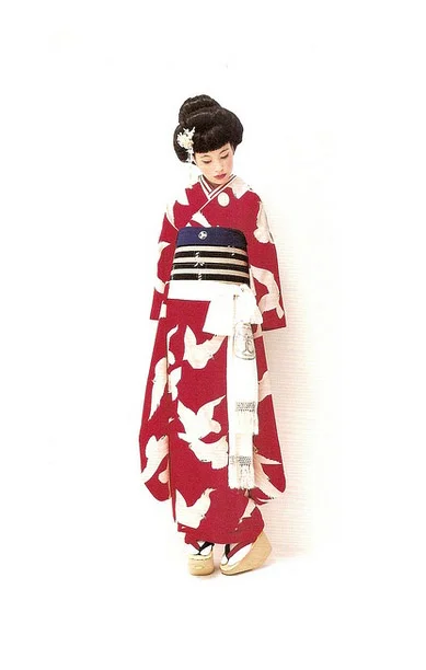 Red Crane Kimono Silk Geometric Elegant Ceremonial