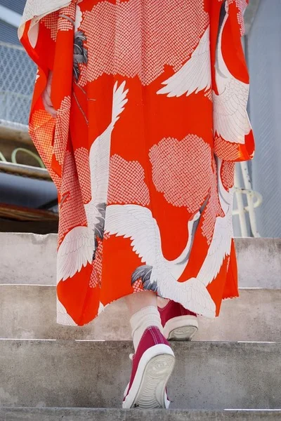 Red Crane Kimono Silk Geometric Bird Festive