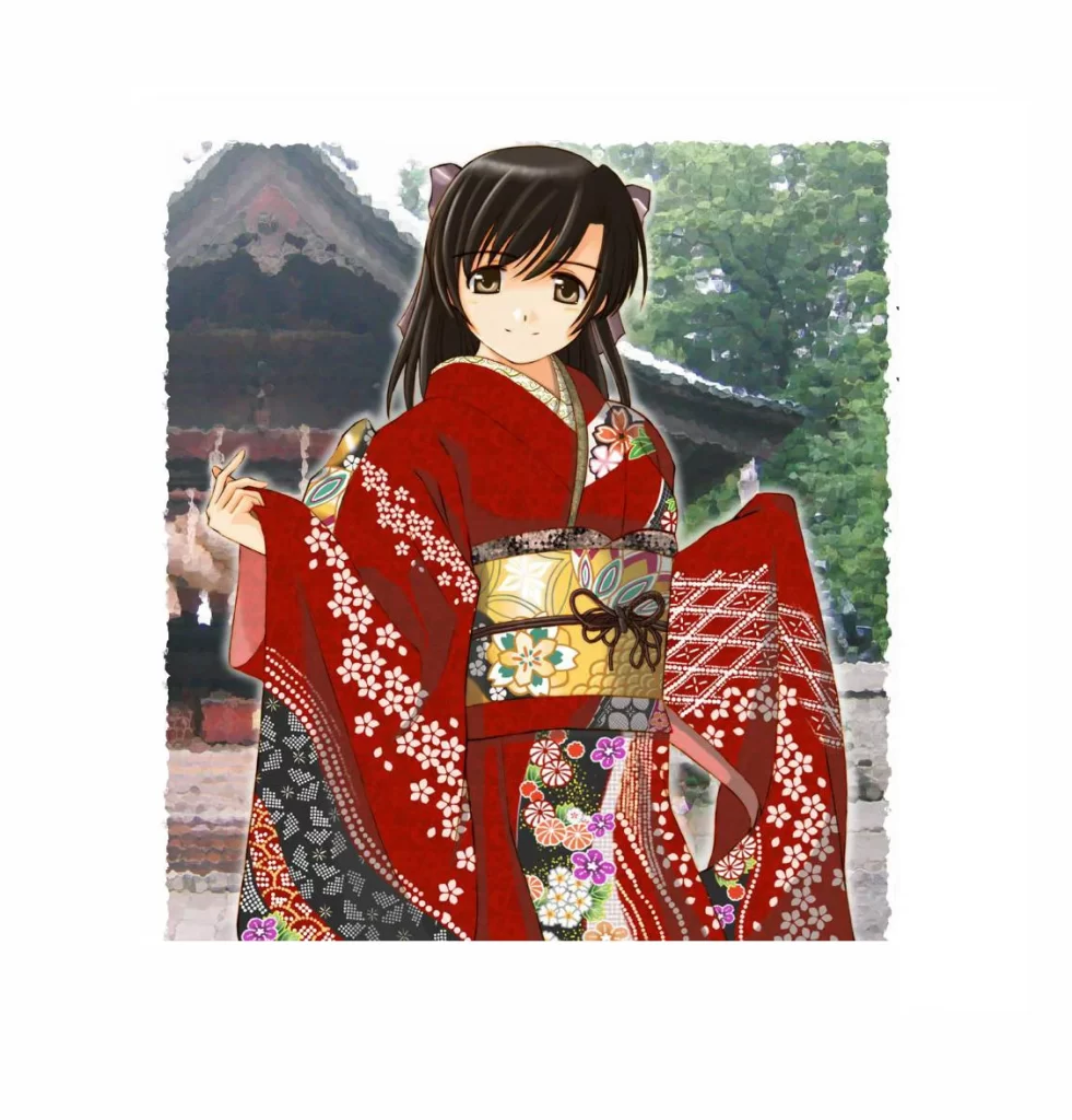 Red Floral Kimono Gold Obi Elegant Ceremonial