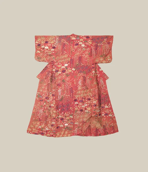 Red Floral Kimono Silk Cherry Blossom Elegant Ceremonial
