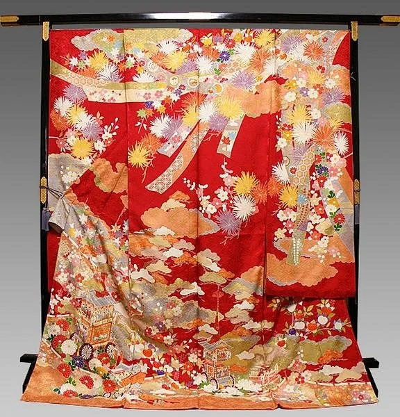 Red Floral Kimono Silk Cherry Blossom Elegant Ceremonial