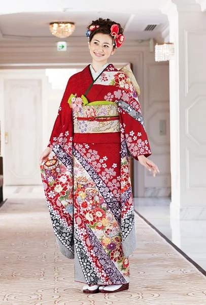 Red Floral Kimono Silk Cherry Blossom Elegant Ceremonial