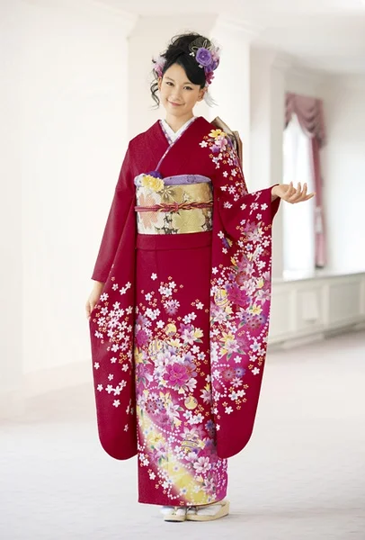 Red Floral Kimono Silk Cherry Blossom Elegant Ceremonial