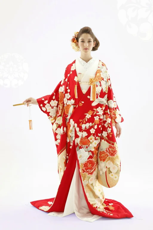 Red Floral Kimono Silk Cherry Blossom Elegant Ceremonial