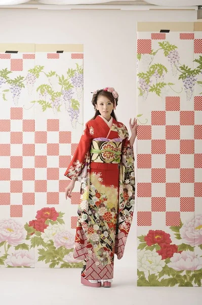 Red Floral Kimono Silk Cherry Blossom Elegant Ceremonial