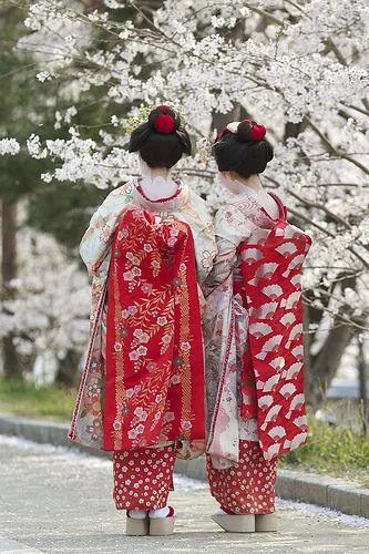 Red Floral Kimono Silk Cherry Blossom Elegant Ceremonial