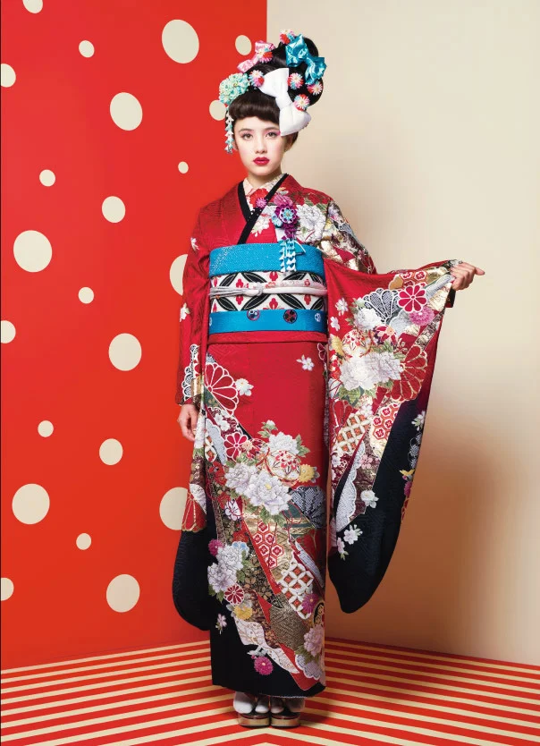 Red Floral Kimono Silk Cherry Blossom Elegant Ceremonial