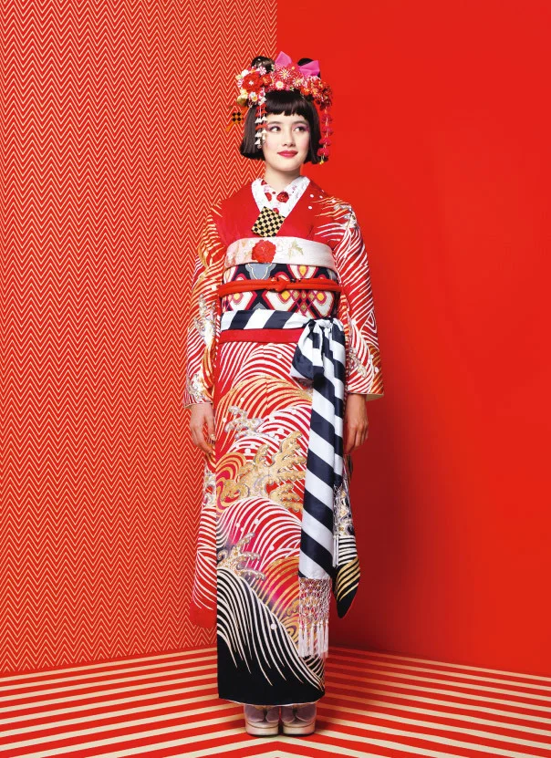 Red Floral Kimono Wave Geometric Stripe Festive Ceremonial