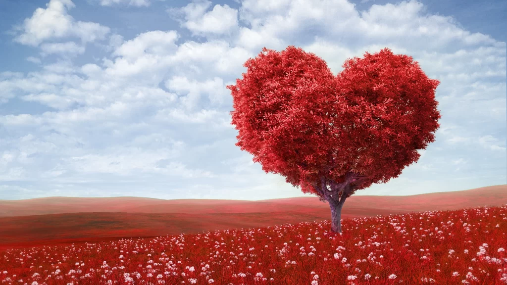 Red Heart-shaped Tree Blooming Field Sky