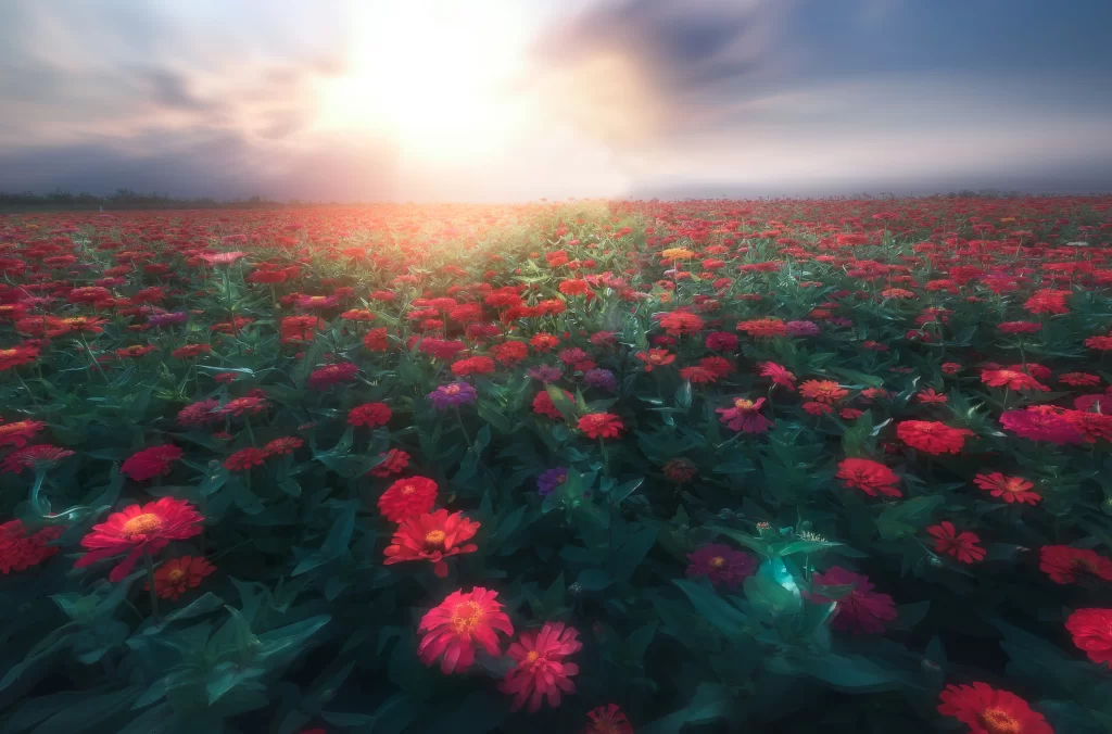 Red Zinnia Field Sunlight Blooming Petals