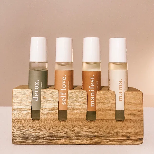 Roll-On Bottles Wood Natural Earthy Skincare Essential Oils