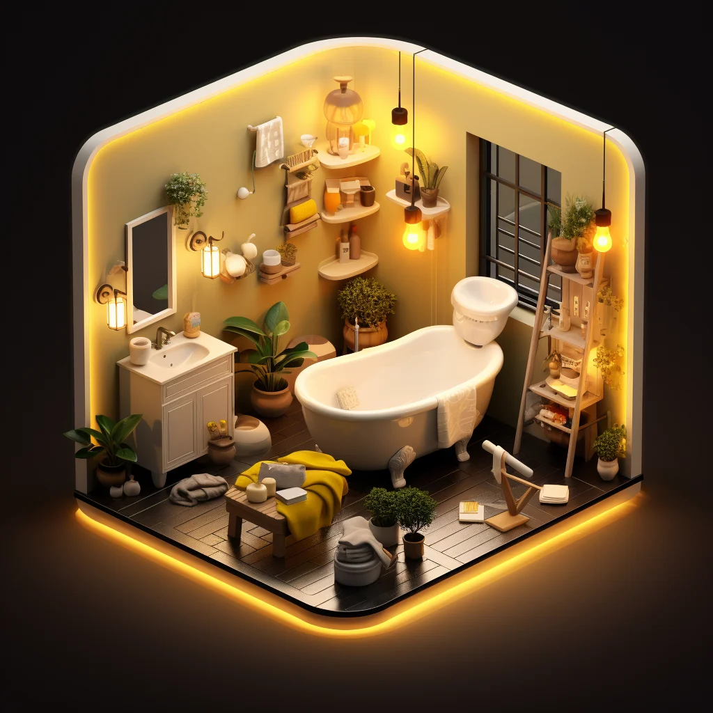 scene isometric 3D home bathroom indoor washroom model space bathtub