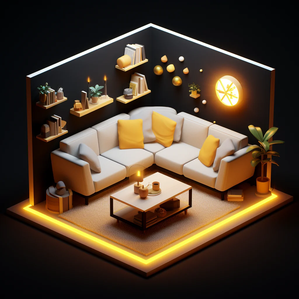 scene isometric 3D home living indoor room model space sofa