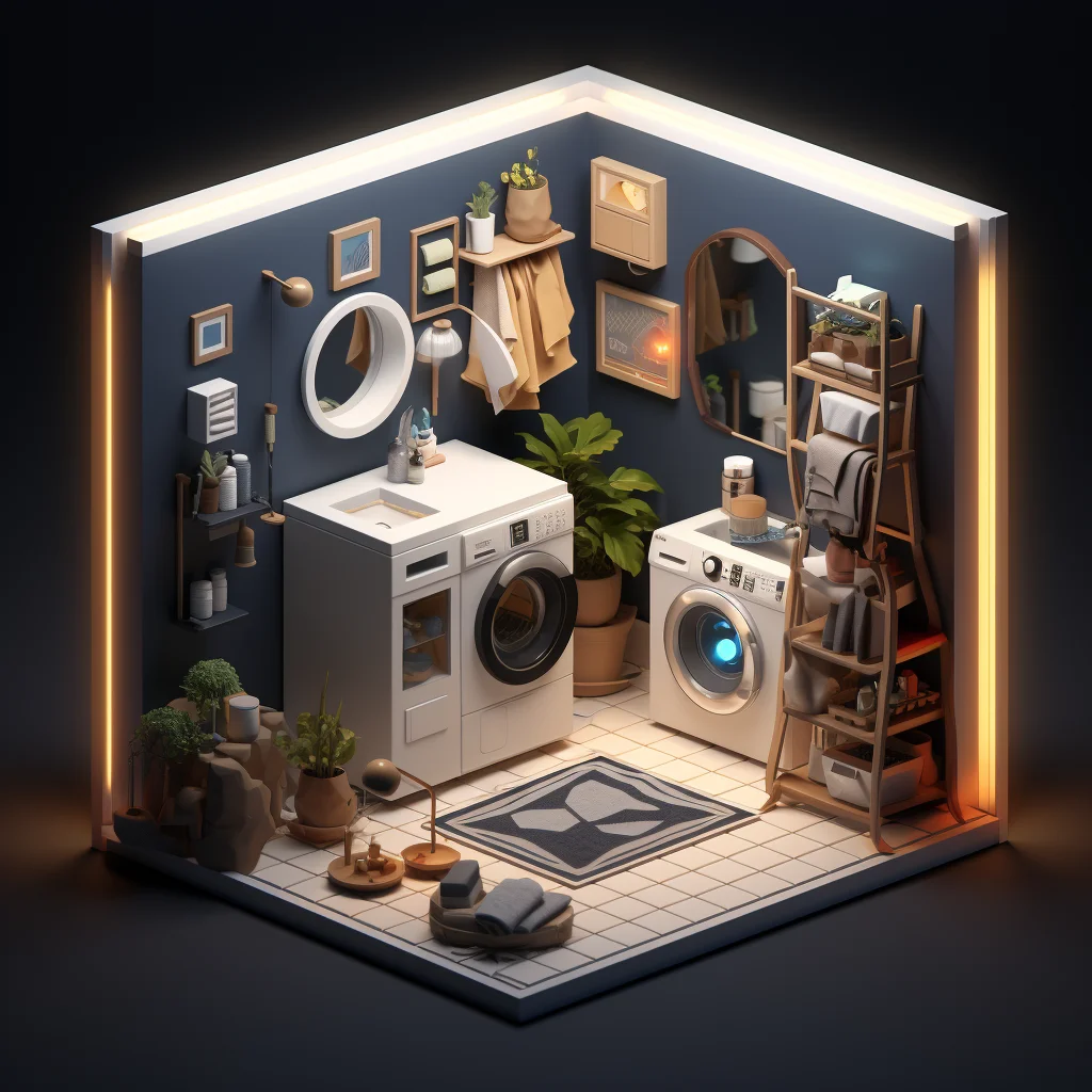 scene laundry isometric machine washing model home 3D space room indoor