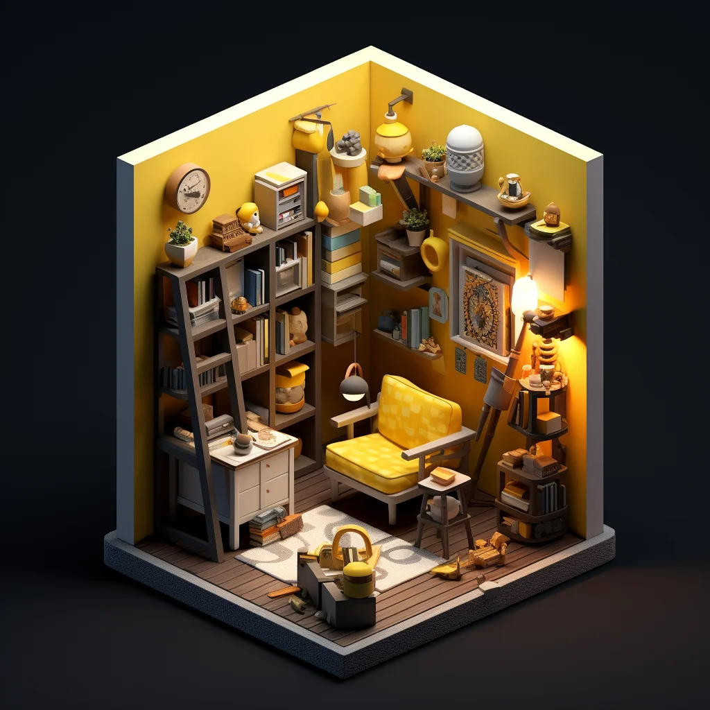 scene model study home isometric bookcase space 3D indoor