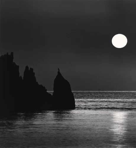 Seascape Moonlit Silhouetted Rocks Reflective Water High Contrast Mysterious