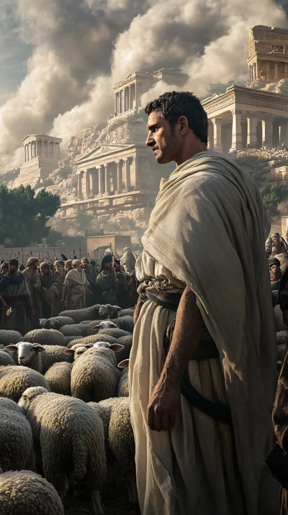 Sheep Shepherd Ancient Cityscape Cloudy