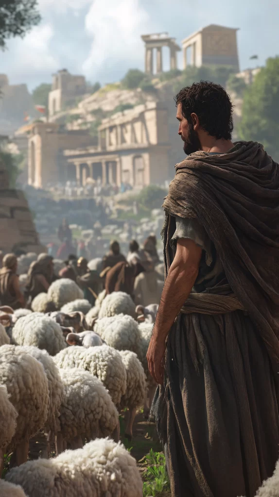 Sheep Shepherd Ancient Cityscape