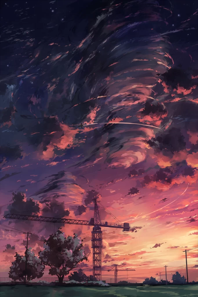 Sky Sunset Clouds Construction Trees Dramatic