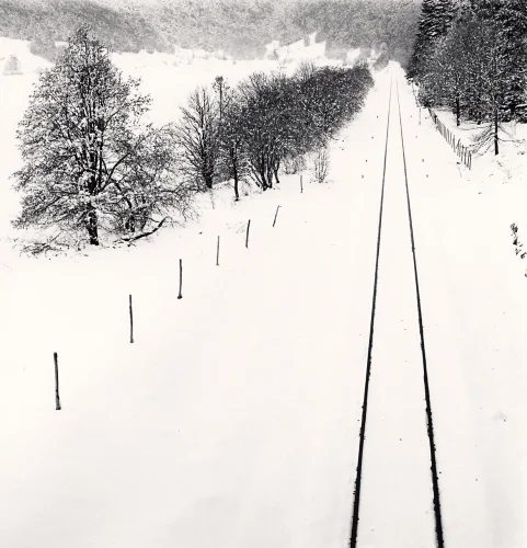 Snowy Railway Track Dramatic High Contrast Winter Landscape