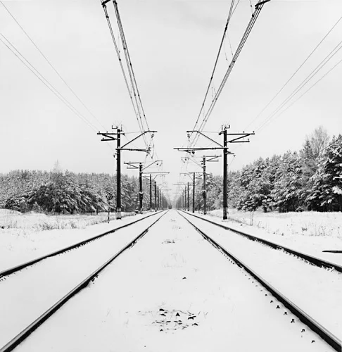 Snowy Railway Tracks Winter Minimalist High Contrast Mysterious