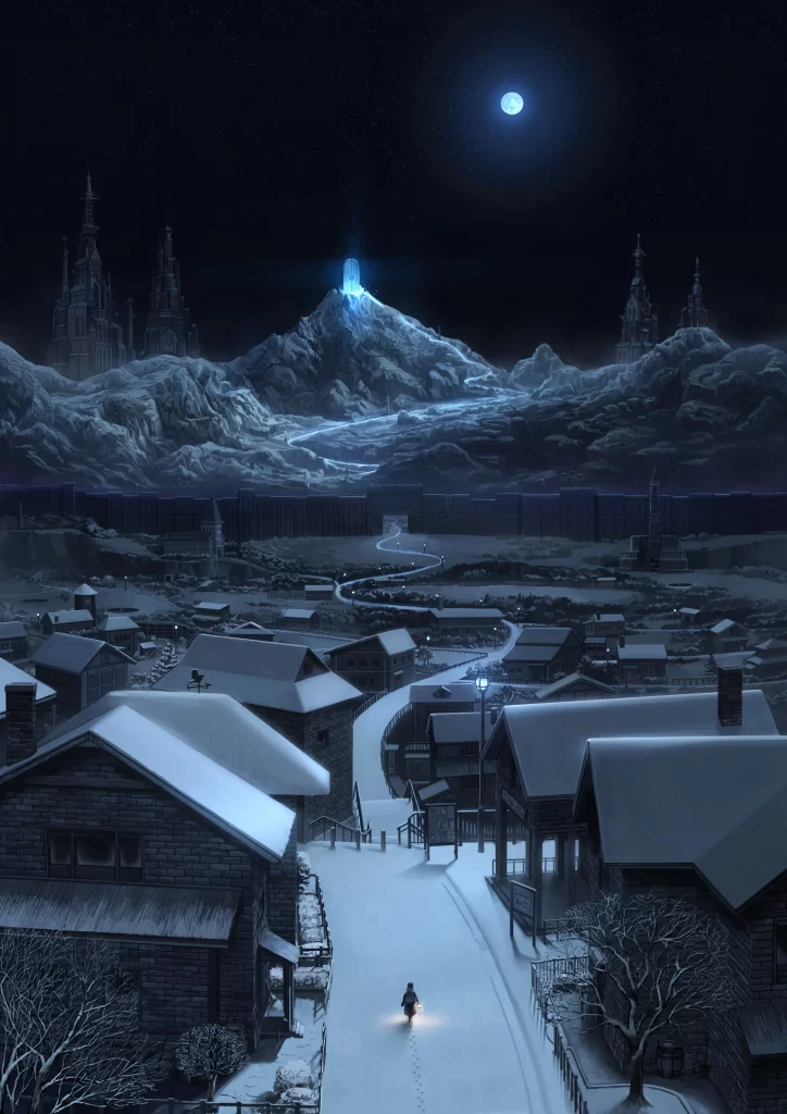 Snowy Village Blue Moonlit Night Castle