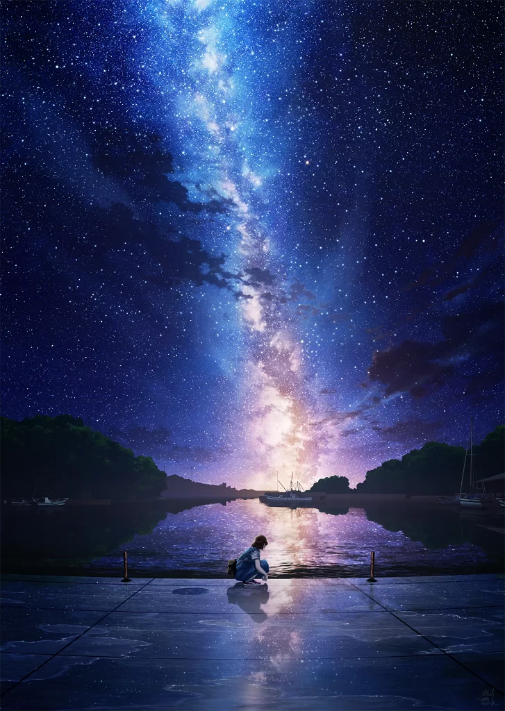 Starry Night Sky Blue Purple Reflections
