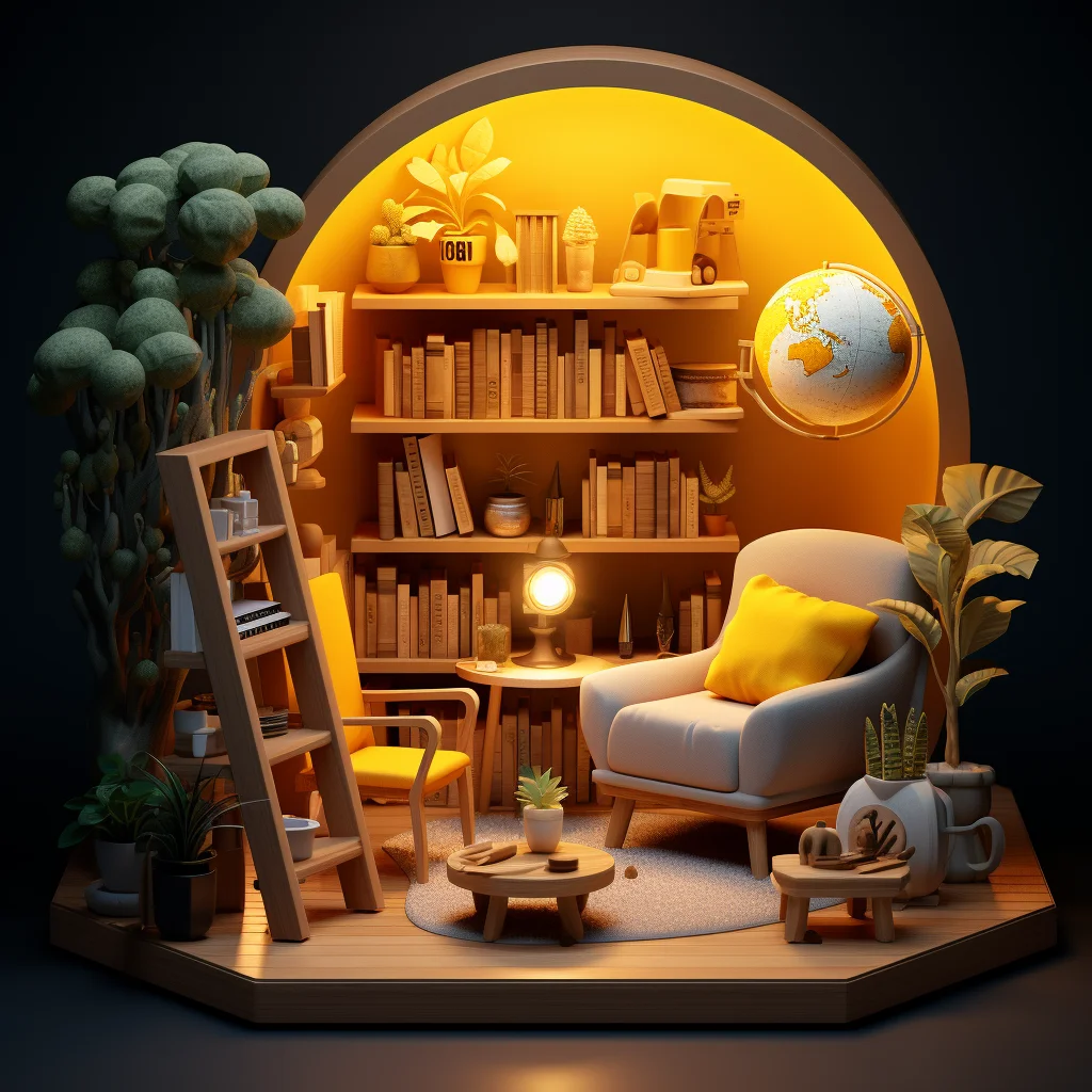 study space isometric indoor model 3D home bookcase scene