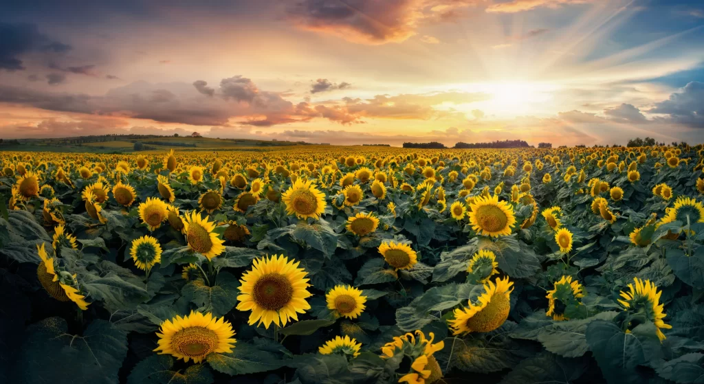 Sunflower Field Yellow Blooms Rays Clouds