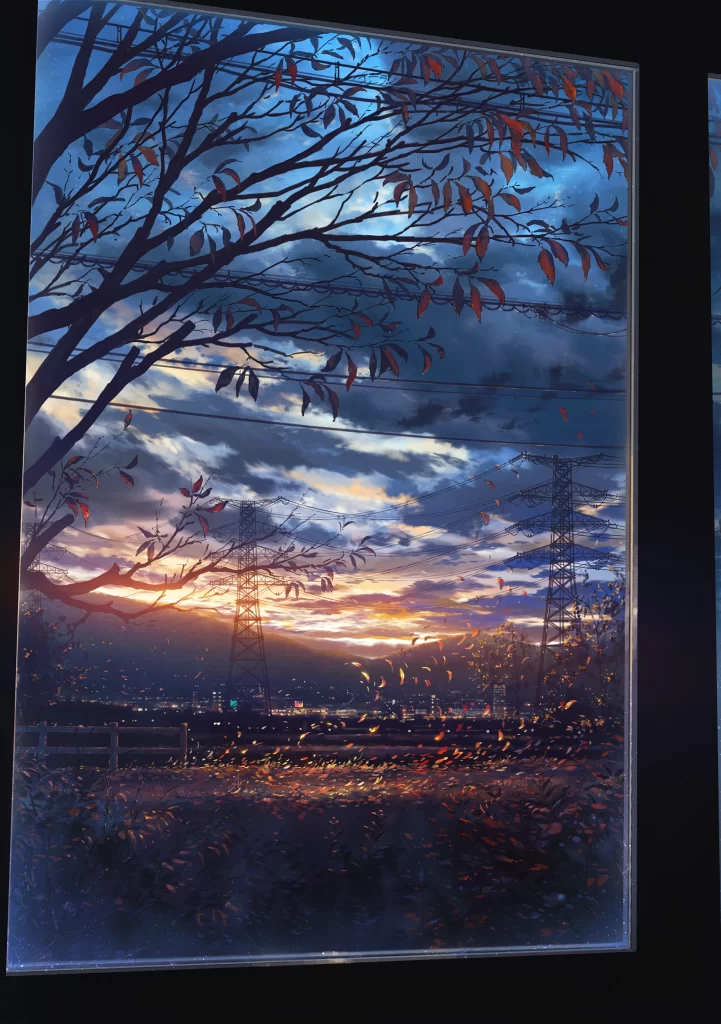 Sunset Autumn Leaves Power Lines Scenic