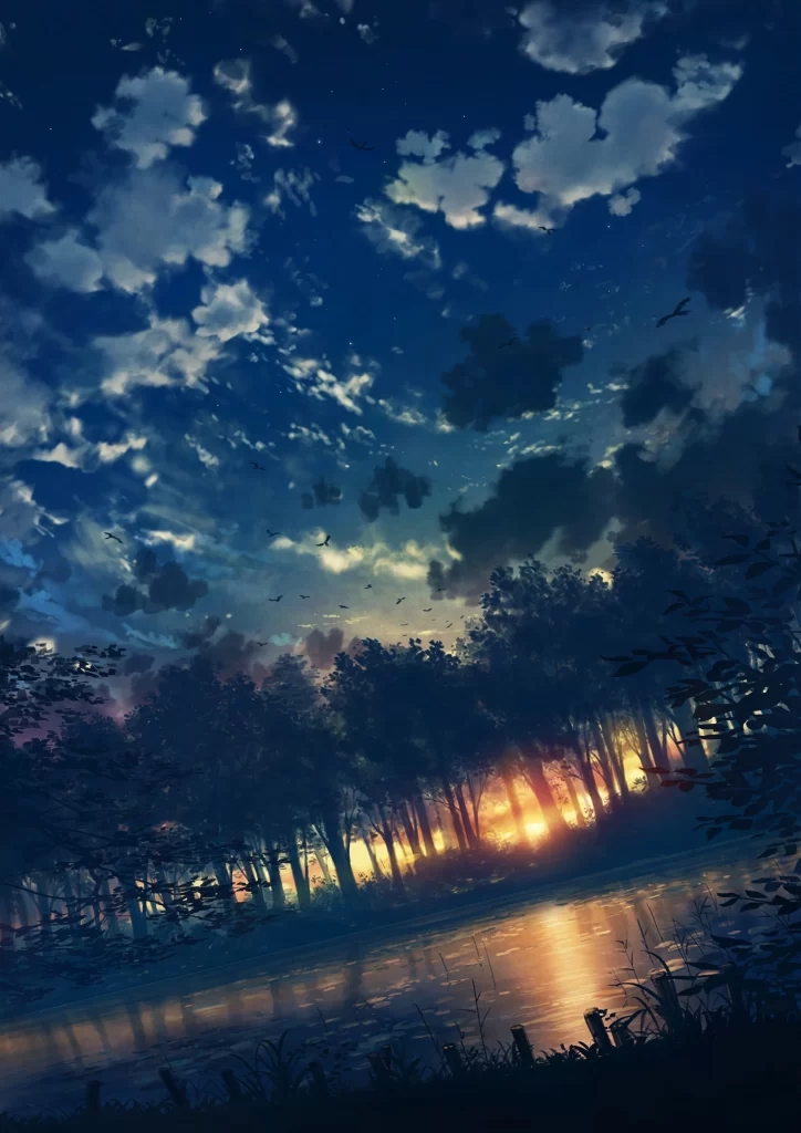 Sunset Forest Blue Yellow Trees Water