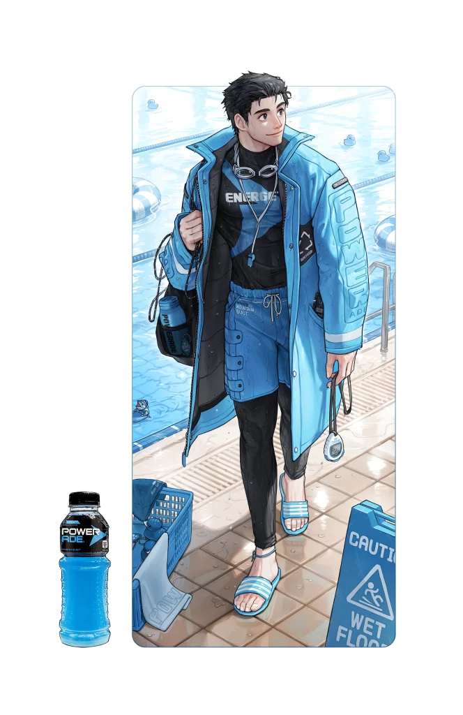 Swimmer Blue Jacket Swimwear Black Shorts