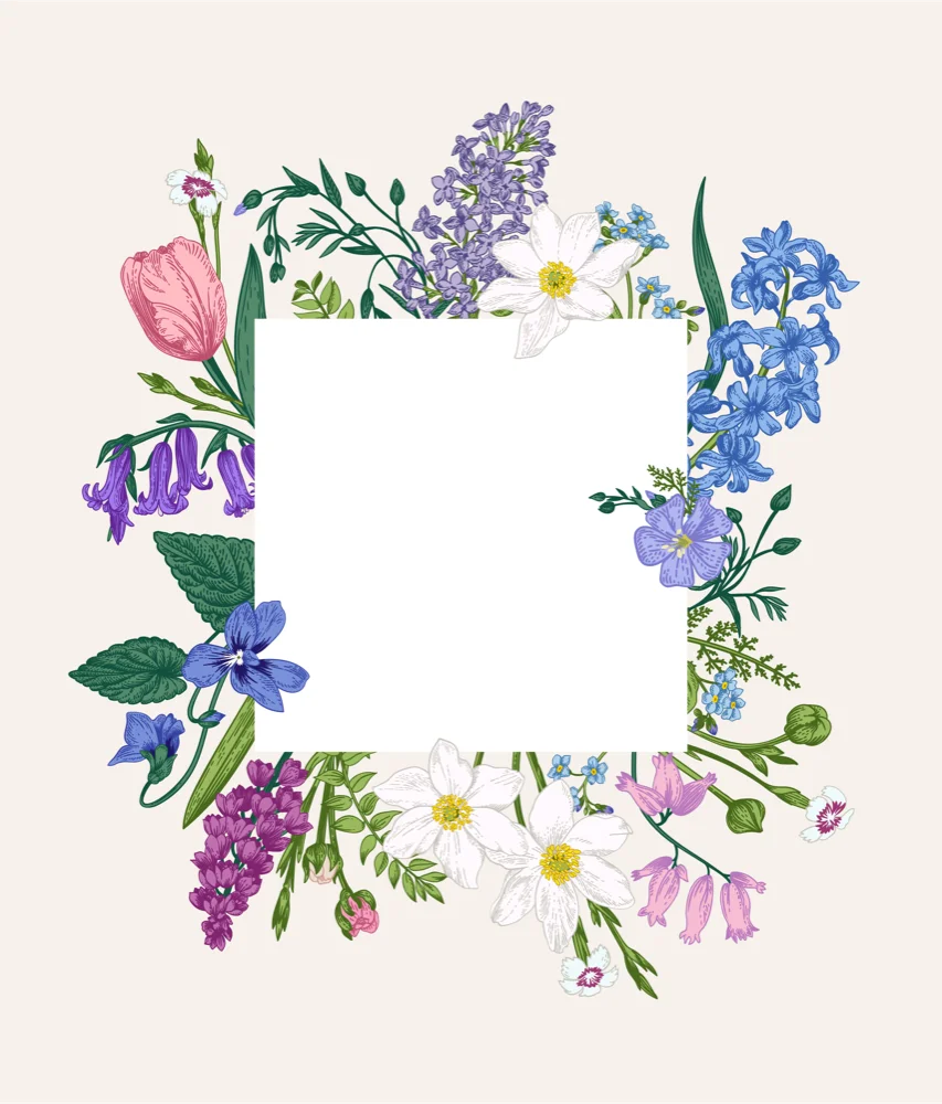 Symmetric Floral Arrangement Square Frame Botanical