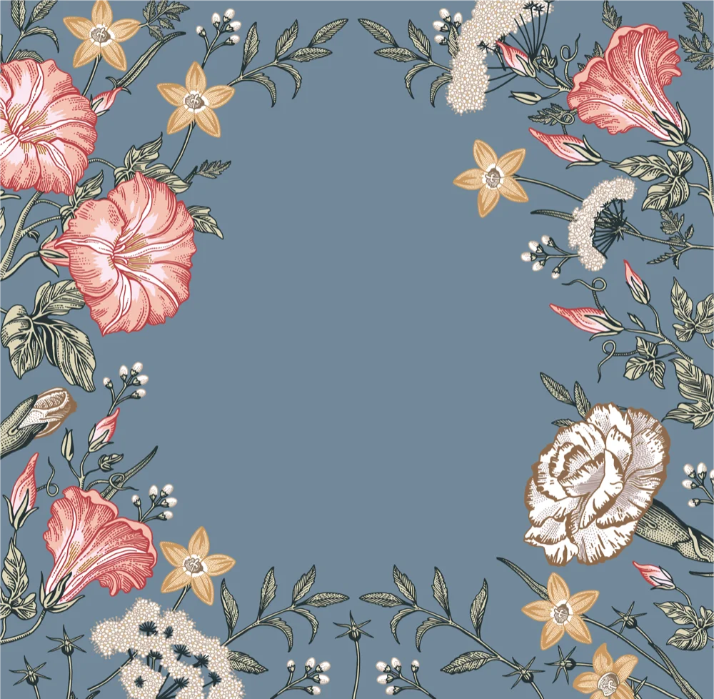 Symmetric Floral Border on Blue Background Pink Blooms