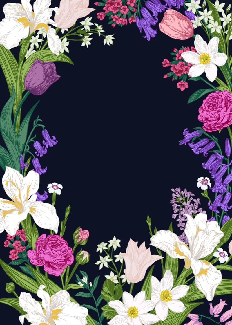 Symmetric floral border tulips roses irises on black background