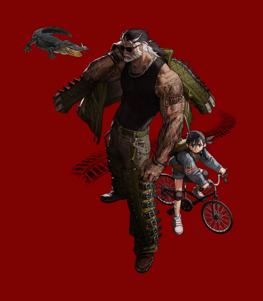 Tattooed Man Green Red Biking Crocodile