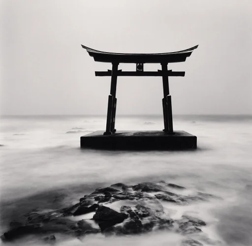 Torii Gate Minimalist High Contrast Serene Mysterious Seascape