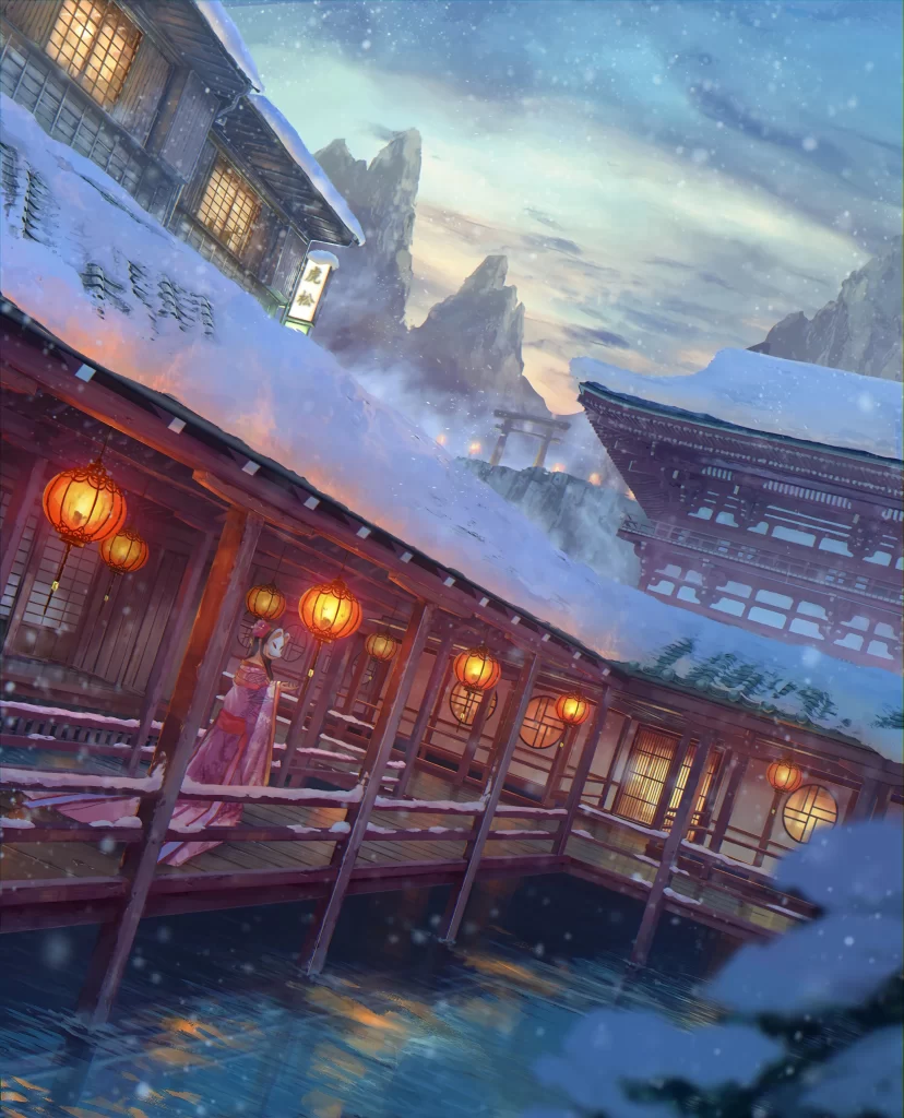 Traditional Architecture Snowy Scene Red Lanterns
