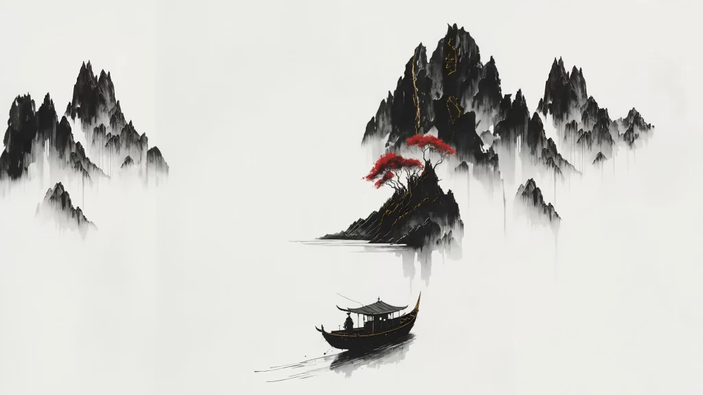 Traditional Chinese Painting Misty Mountains Red