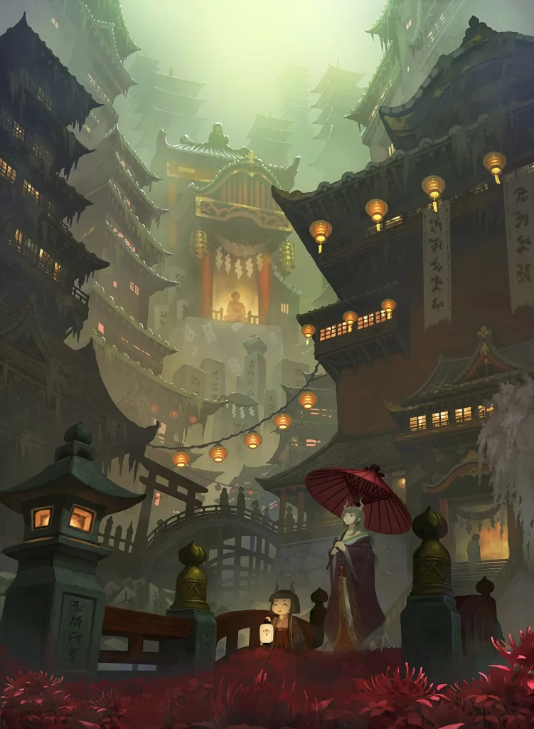Traditional Japanese Town Red Lanterns Misty