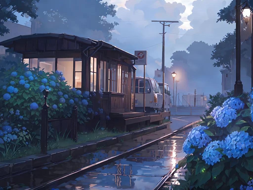 Train Station Blue Green Twilight Fantasy