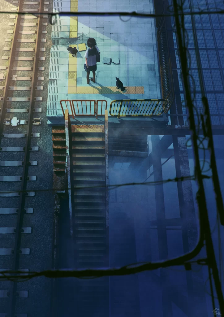 Train Station Blue Yellow Platform Stairs
