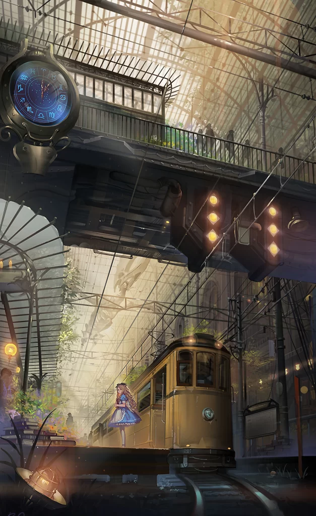 Tram Station Yellow Blue Lights Clock