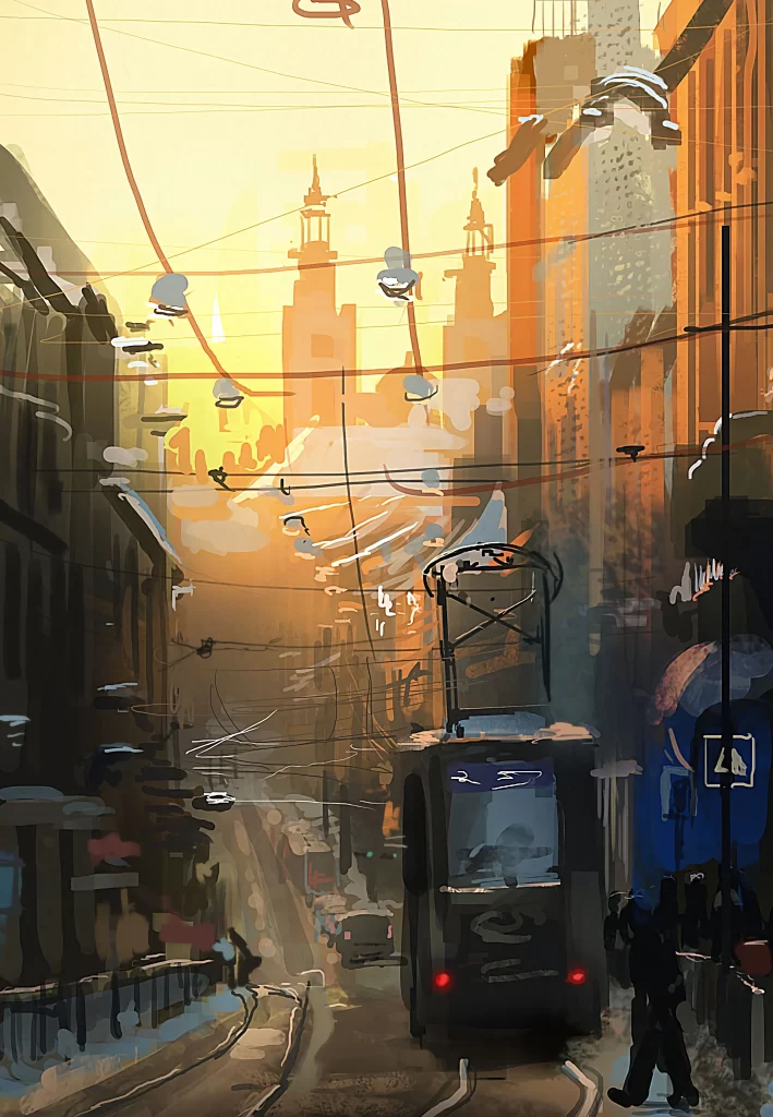 Tram Sunset Urban Yellow Blue Sketch