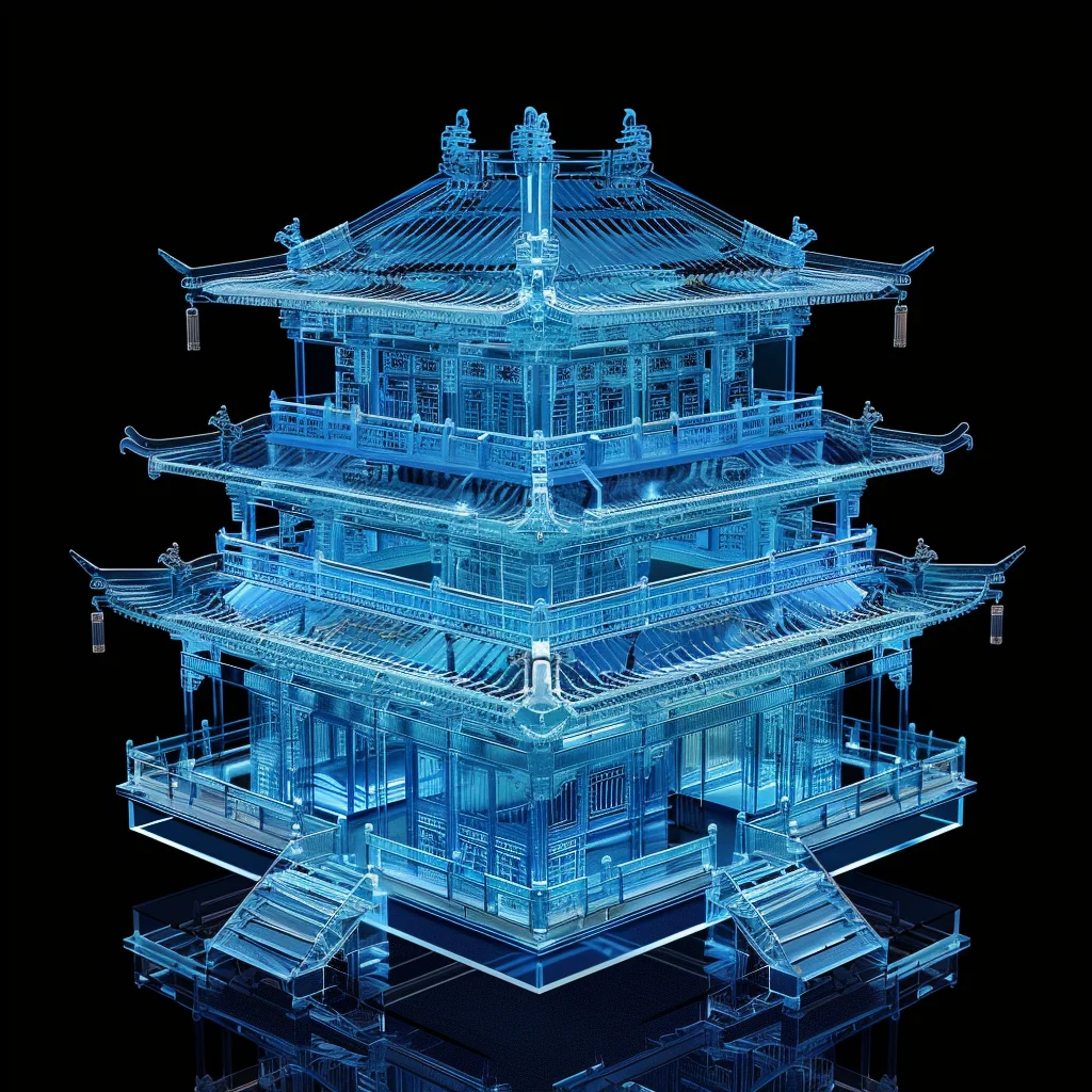 transparent blue structure ancient Chinese building 3D