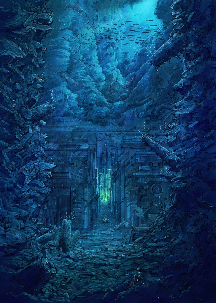 Underwater Ruins Blue Green Light Fish