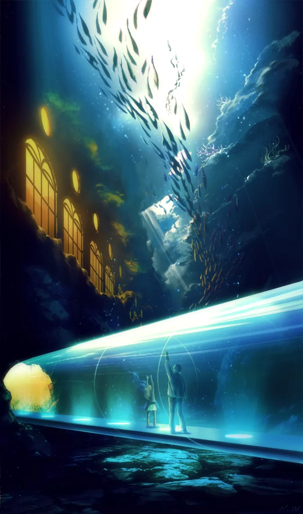 Underwater Tunnel Blue Yellow Fantasy Sci